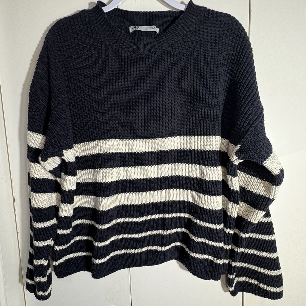 Zara Women M Pullover Sweater Blue Beige Crew Neck Long Sleeve Oversized Old $$